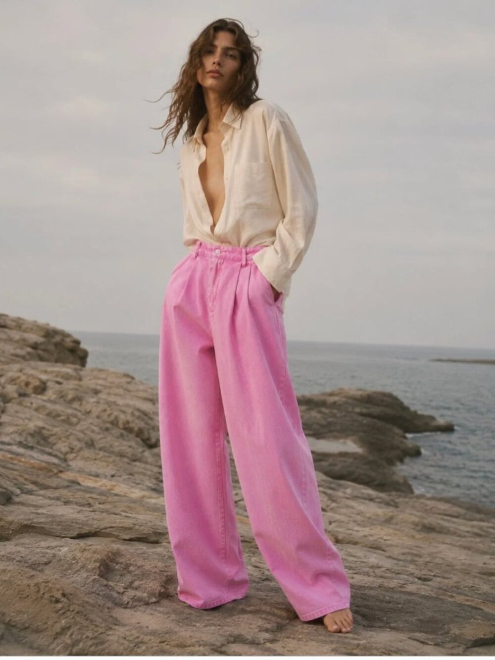 NWT AVEC LES FILLES High Waist Wide Leg Jeans Bubble Gum Pink pleated SZ-31